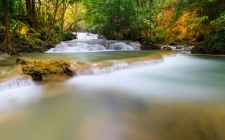 Картинка лес, пейзаж, forest, водопад, тропический, summer, река, скалы