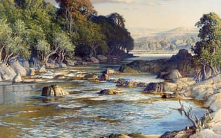 Картинка Сэмюэл Бёрч, река, картина, The Rock-Girt Pools of Spean, пейзаж, деревья, горы