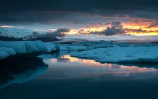 Картинка лагуна, закат, облака, озеро, небо, лед, отражение, вечер, снег, ледники, Исландия