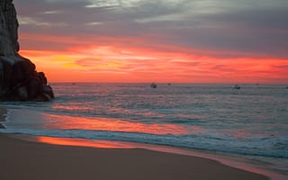 Картинка песок, море, небо, волны, пейзаж, пляж, закат, облака