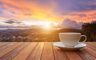 Картинка восход, cup, чашка, утро, coffee, sunrise, good morning, веранда, кофе