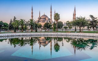 Картинка Blue Mosque, Мечеть Султана Ахмета, пальмы, Sultan Ahmed Mosque, Turkey, Голубая мечеть, Стамбул, Istanbul, деревья, Турция, отражение, бассейн