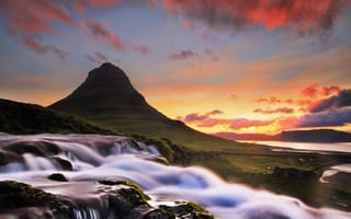 Картинка Iceland, утро, водопад, облака, рассвет, Kirkjufel, Исландия, река, гора
