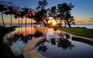 Картинка США, штат Гавайи, вода, небо, бассейн, закат, Мауи, Wailea, облака, силуэты, деревья, отражения, остров, пальмы