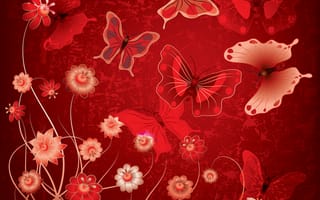 Картинка design, grunge, butterflies, бабочки, красные, цветы, flowers, abstract