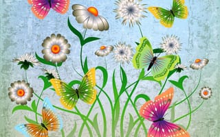 Обои abstract, grunge, butterflies, цветы, design, flowers, бабочки