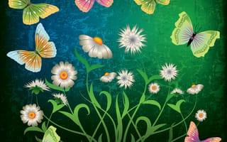 Картинка butterflies, бабочки, grunge, abstract, green, цветы, flowers, design