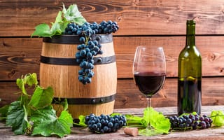 Картинка бочонок, красное, бокал, листья, вино, виноград, бутылка, лоза