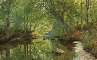 Картинка Forest stream, Петер Мёрк Мёнстед, Danish realist painter, 1896, датский живописец, Peder Mørk Mønsted, Лесной ручей