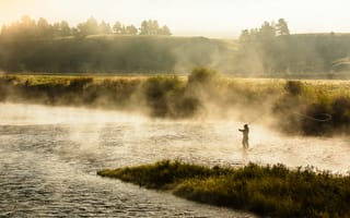 Картинка утро, туман, пейзаж, рыбалка, река, природа
