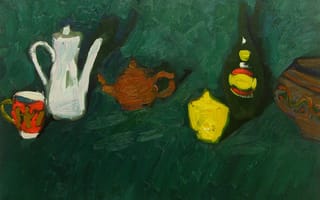 Картинка лимон, бутылка, Петяев, кружка, чайник, тёмно-зеленый, 2008, натюрморт