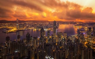 Картинка город, Китай, Гонконг, здания, дороги, ночь