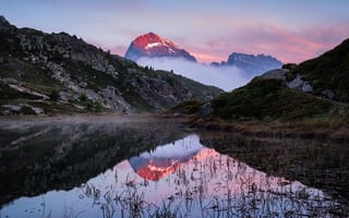 Картинка небо, облака, пейзаж, горы, природа, озеро, водоросли, туман
