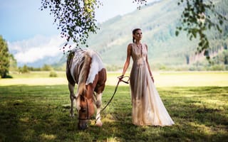 Картинка поле, Miki Macovei, лошадь, солнце, Matea, девушка, платье