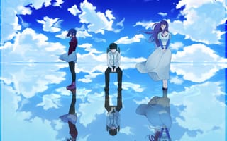 Картинка арт, токийский гуль, kaneki ken, вода, kirishima touka, небо, merujine, девушки, облака, kamishiro rize, tokyo ghoul, отражение, парень, аниме