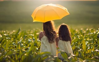 Картинка сёстры, девочки, зонт, поле, девочка, кукуруза