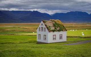 Картинка sod-house, горы, крыша, природа, дом, Iceland, трава