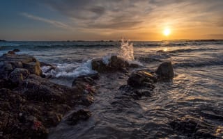 Картинка море, волны, солнце, закат, пейзаж, небо, природа, облака
