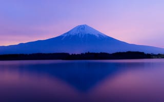 Картинка Япония, озеро, закат, деревья, гора Фудзияма, небо