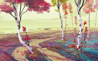 Картинка нарисованный пейзаж, осень, берёзы, арт, деревья