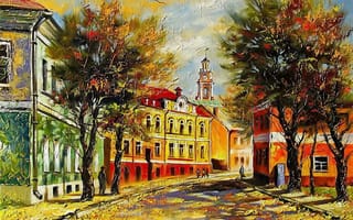 Картинка живопись, колокольня, город, осень, Ходюков, окна, картина, здания, фигуры, дома, часы, улица, люди