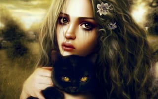Обои арт, котенок, взгляд, девушка, черный, в руках