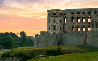 Картинка небо, облака, холмы, пейзаж, замок, закат, стена, деревья