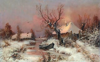 Картинка Юлий Юльевич Клевер, птица, изба, снег, деревня, Зимний пейзаж с рекой, дерево, зима, забор, дом, река, лодка, небо, свет