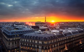 Картинка Париж, панорама, закат, франция, небо, дома, башня, вечер
