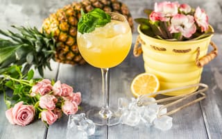 Картинка лед, цветы, цитрус, ананас, коктейль