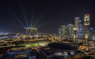 Картинка город, Сингапур, лазерные огни, ночь, Singapore city, лучи