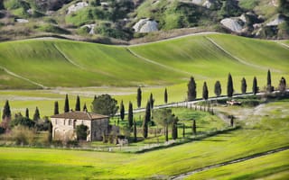 Картинка Италия, дорога, Monti Prenestini, дом, поля, дерево, холмы, небо