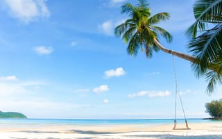 Обои песок, море, seascape, волны, palms, sea, берег, paradise, лето, пляж, beach, пальмы, небо, summer, sand, beautiful