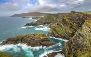 Картинка море, волны, природа, горы, вершины, берег, скалы, облака