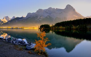 Картинка Banff, лес, утро, деревья, Canada, горы, Canmore, Grassi Lake, дымка, озеро