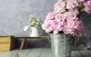 Картинка цветы, лепестки, розовые, beautiful, pink, romantic, wood, vintage, flowers, ведро