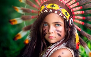 Картинка Little Indian, головной убор индейского воина, девочка, раскраска