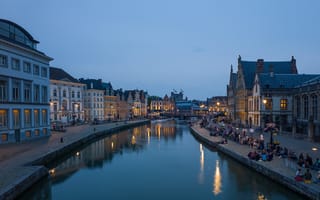 Картинка Гент, дома, люди, набережная, мост, Бельгия, вечер, Фландрия, небо, канал