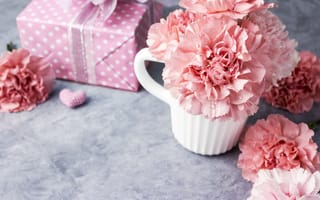 Картинка цветы, розовые, cup, кружка, love, flowers, hearts, gift, сердечки, beautiful, гвоздики, подарок, carnation, romantic, pink