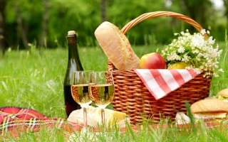 Картинка зелень, лес, цветы, деревья, корзина, природа, трава, вино