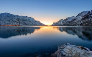 Картинка зима, свет, снег, природа, огни, пейзаж, закат, горы