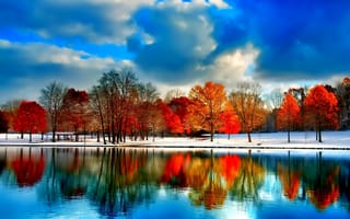 Картинка река, осень, деревья, пруд, облака, небо, снег