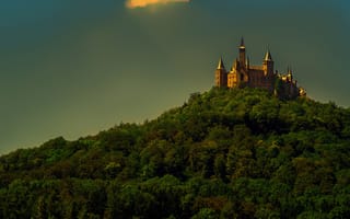Картинка Германия, замок Гогенцоллерн, деревья, стена, лес, башня, гора, небо