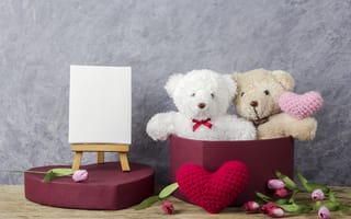 Картинка любовь, bear, romantic, pink, цветы, подарок, love, flowers, tulips, сердце, мишка, розовые, тюльпаны, wood, heart, игрушка