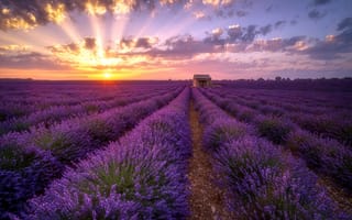 Картинка поле, лето, лаванда, дома, закат