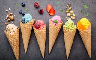 Картинка ягоды, cone, фрукты, рожок, мороженое, fruit, berries, colorful, орехи, ice cream