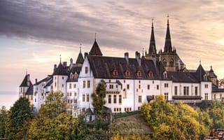 Картинка облака, замок, башня, холмы