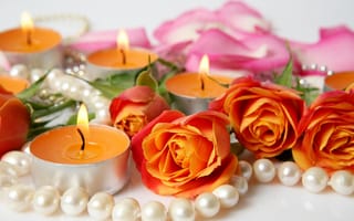 Картинка цветы, розы, свечи, лепестки