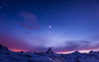 Картинка Matterhorn, ночь, небо, сумерки, горы, снег, звезды