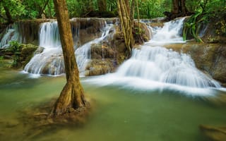 Картинка лес, пейзаж, summer, forest, река, тропический, скалы, водопад